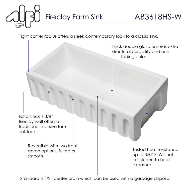 View 4 of Alfi AB3618HS-W ALFI AB3618HS-W Single Bowl Fireclay Farm-Style Kitchen Sink, White