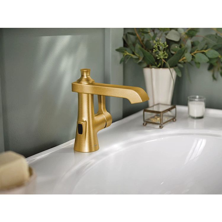 moen bathroom faucets with motionsense, flara in brushed gold installed